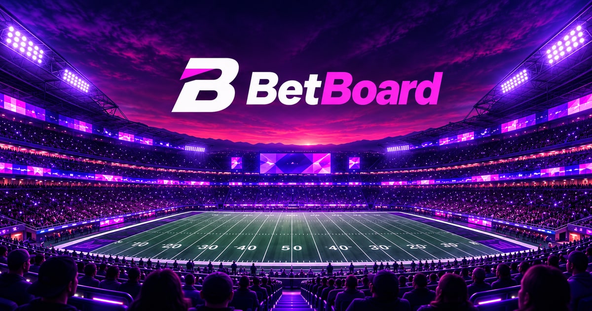BetBoard Stadium Signature — a purple-lit football stadium with the white B and pink accent